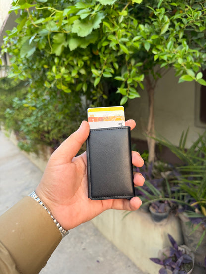 Black Pop-Up Bifold Wallet with cards ejected showing UBL and Allied Bank cards