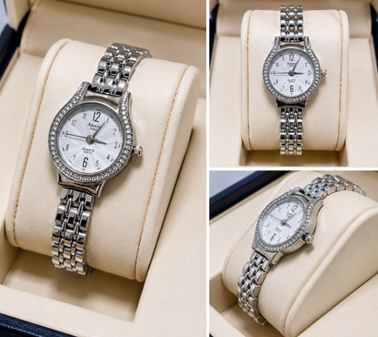 Elegant Crystal Studded Silver Bracelet Watch for Women