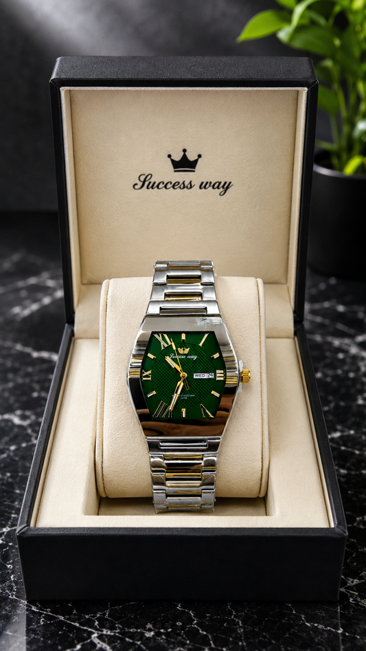 Elevate Your Style with the Success Way Men's Stainless Steel Quartz Watch - Sleek White Dial and Day-Date Functionality