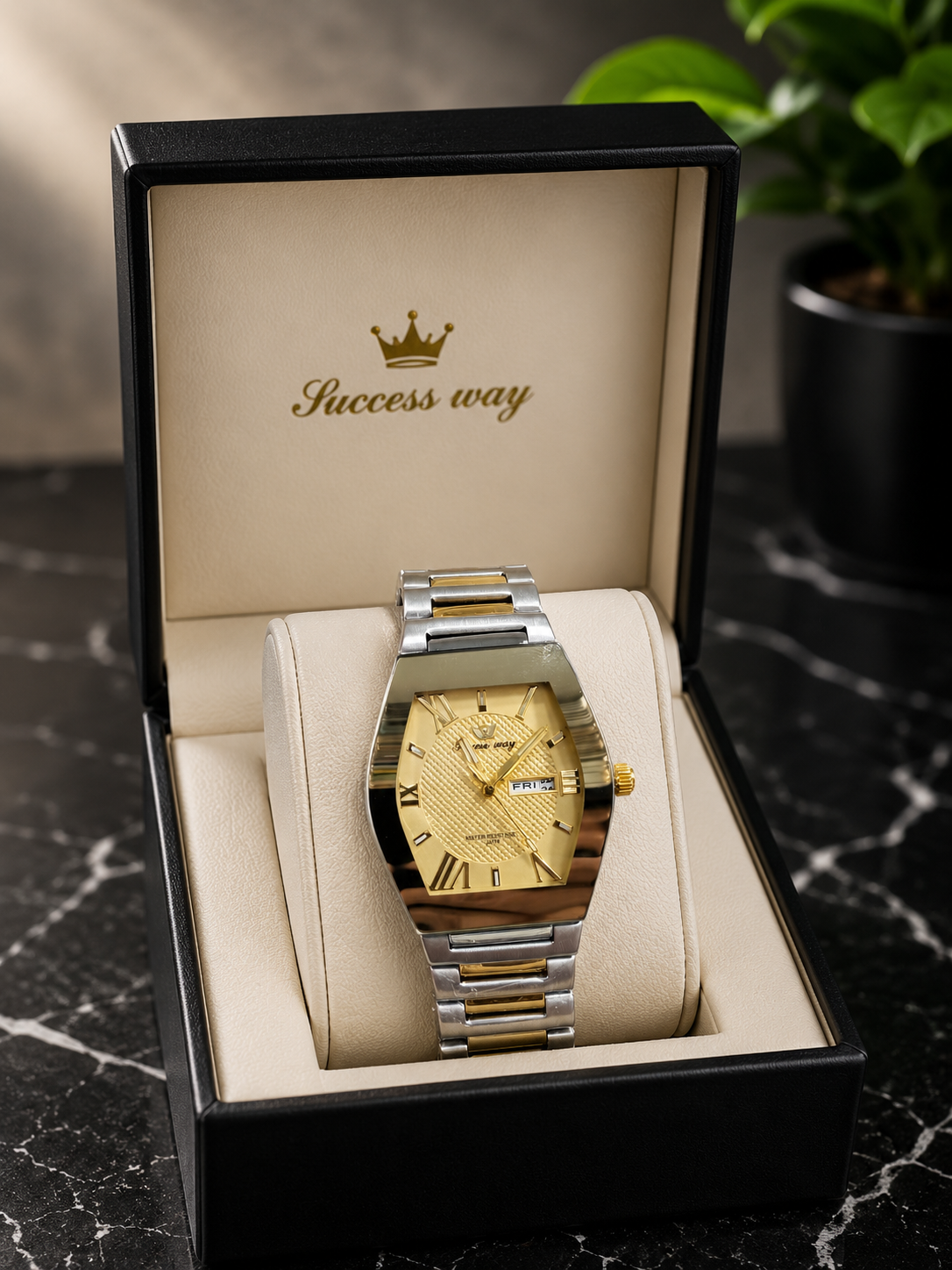 Elevate Your Style with the Success Way Men's Stainless Steel Quartz Watch - Sleek White Dial and Day-Date Functionality