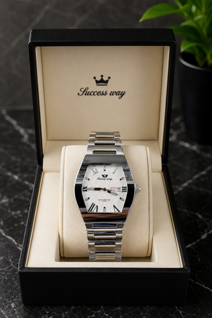Elevate Your Style with the Success Way Men's Stainless Steel Quartz Watch - Sleek White Dial and Day-Date Functionality