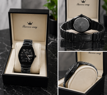 Elevate Your Style with the Success Way Men's Stainless Steel Quartz Watch - Sleek White Dial and Day-Date Functionality