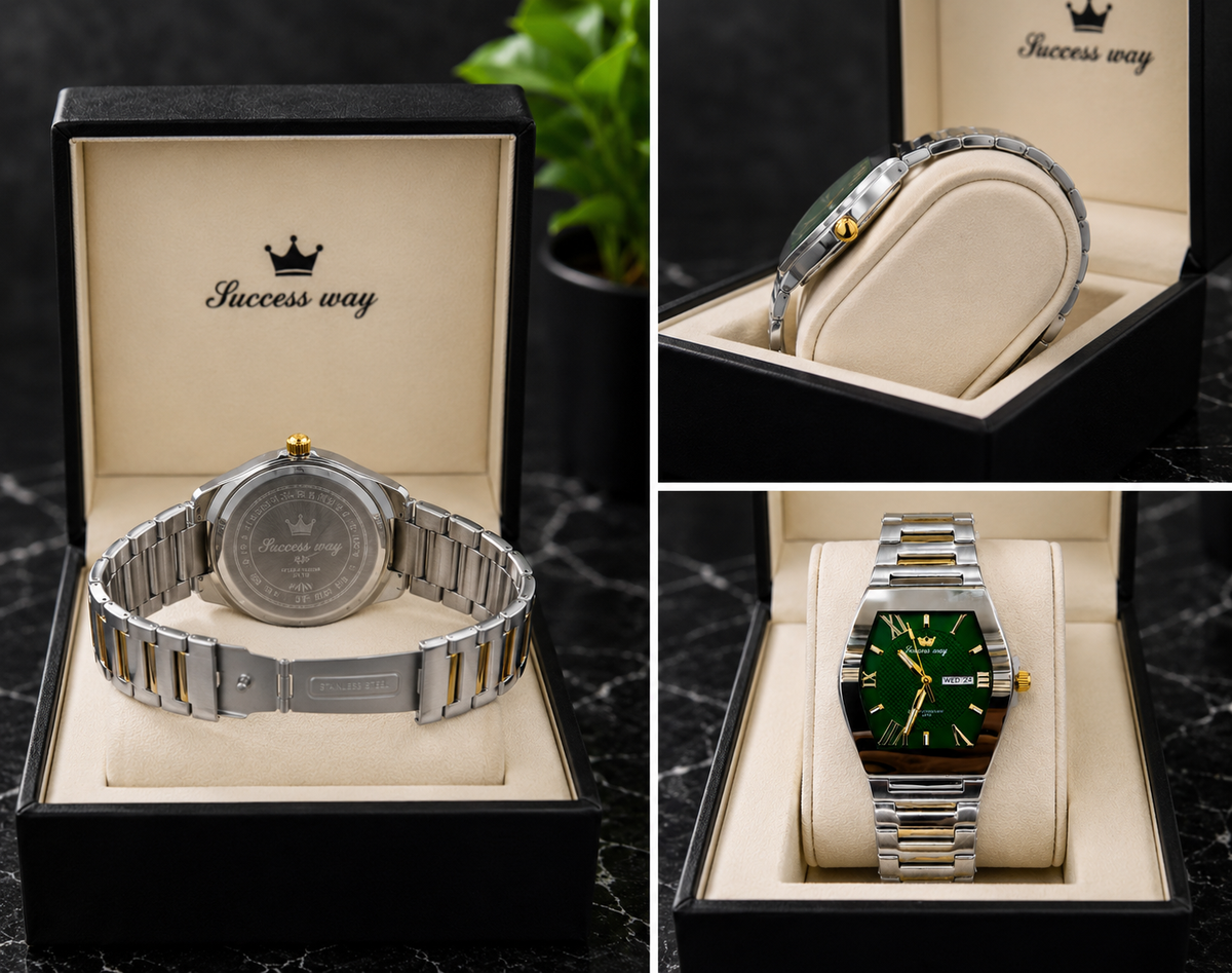 Elevate Your Style with the Success Way Men's Stainless Steel Quartz Watch - Sleek White Dial and Day-Date Functionality