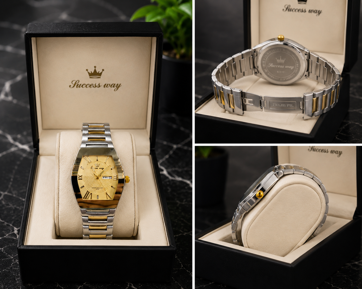 Elevate Your Style with the Success Way Men's Stainless Steel Quartz Watch - Sleek White Dial and Day-Date Functionality
