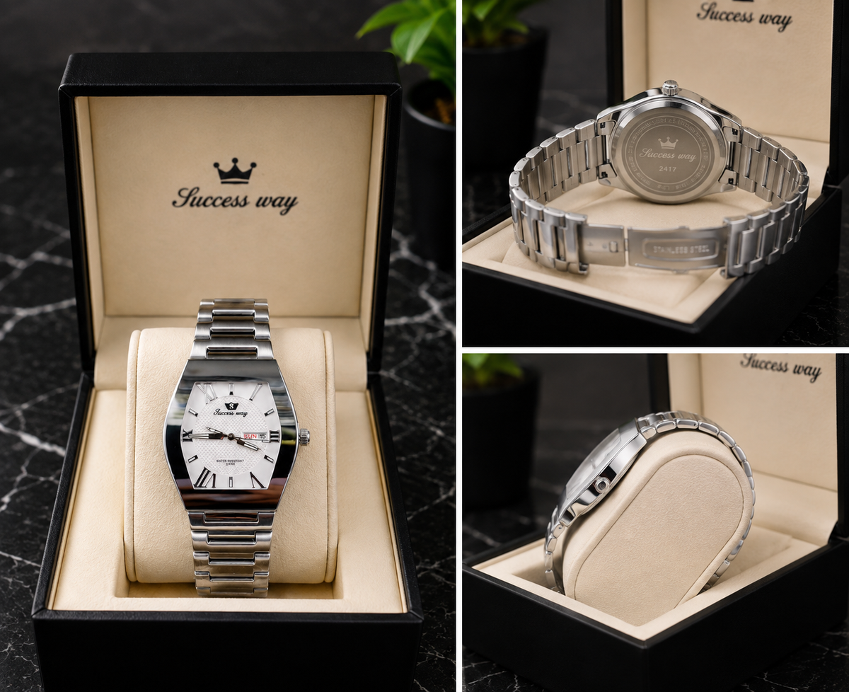 Elevate Your Style with the Success Way Men's Stainless Steel Quartz Watch - Sleek White Dial and Day-Date Functionality