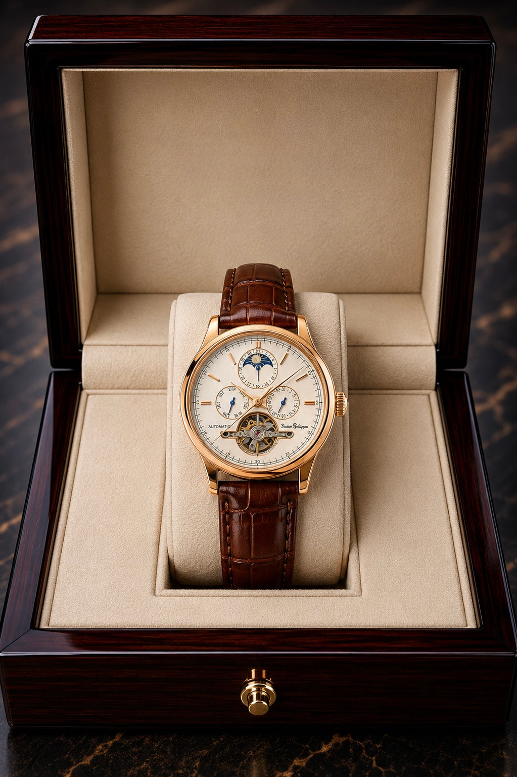 Elevate Your Style with the Denissologue Skeleton Automatic Rose Gold Moon Phase Watch
