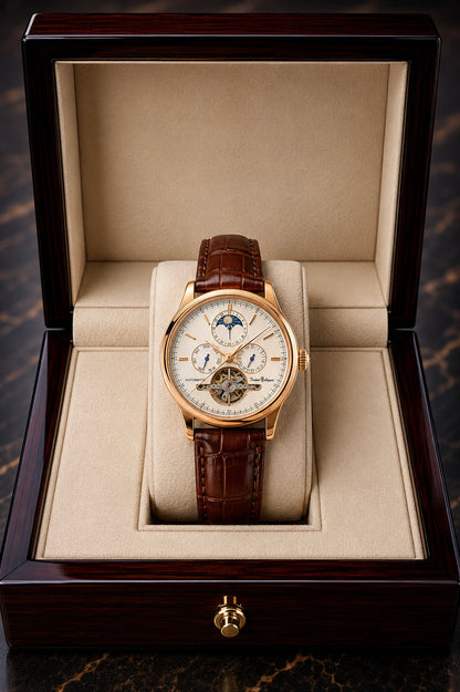 Elevate Your Style with the Denissologue Skeleton Automatic Rose Gold Moon Phase Watch