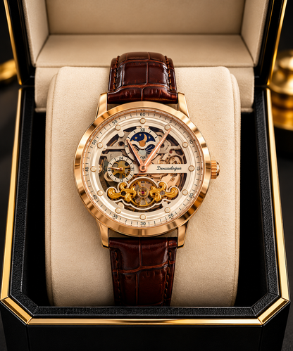 Elevate Your Style with the Denissologue Skeleton Automatic Rose Gold Moon Phase Watch