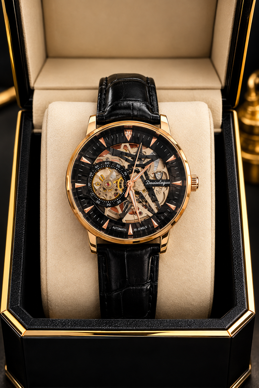 Elevate Your Style with the Denissologue Skeleton Automatic Rose Gold Moon Phase Watch