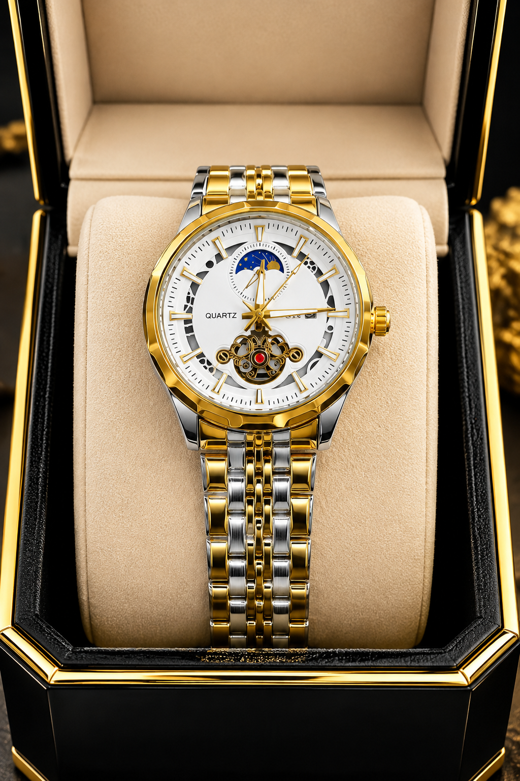 Elevate Your Style with the Silver RICK Skeleton Moon Phase Watch