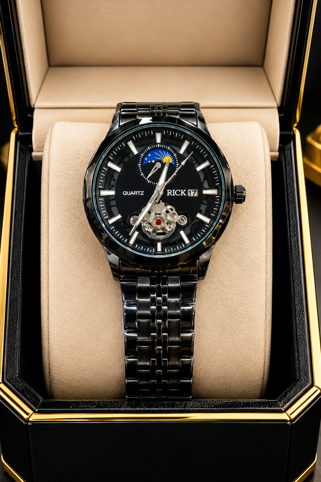 Elevate Your Style with the Silver RICK Skeleton Moon Phase Watch