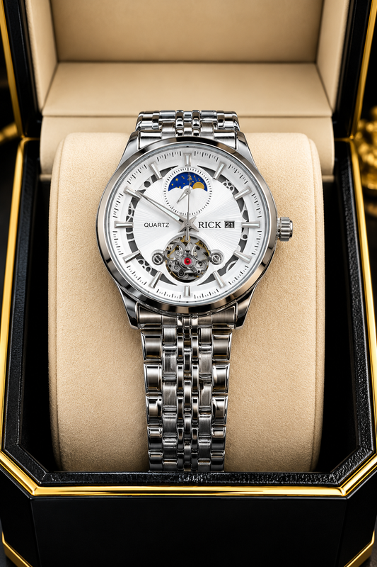 Elevate Your Style with the Silver RICK Skeleton Moon Phase Watch