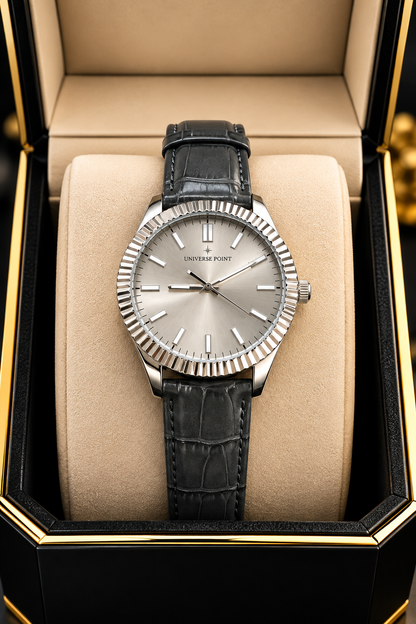 Elegant Men's Quartz Watch - Universe Point Fluted Bezel Leather Strap Timepiece
