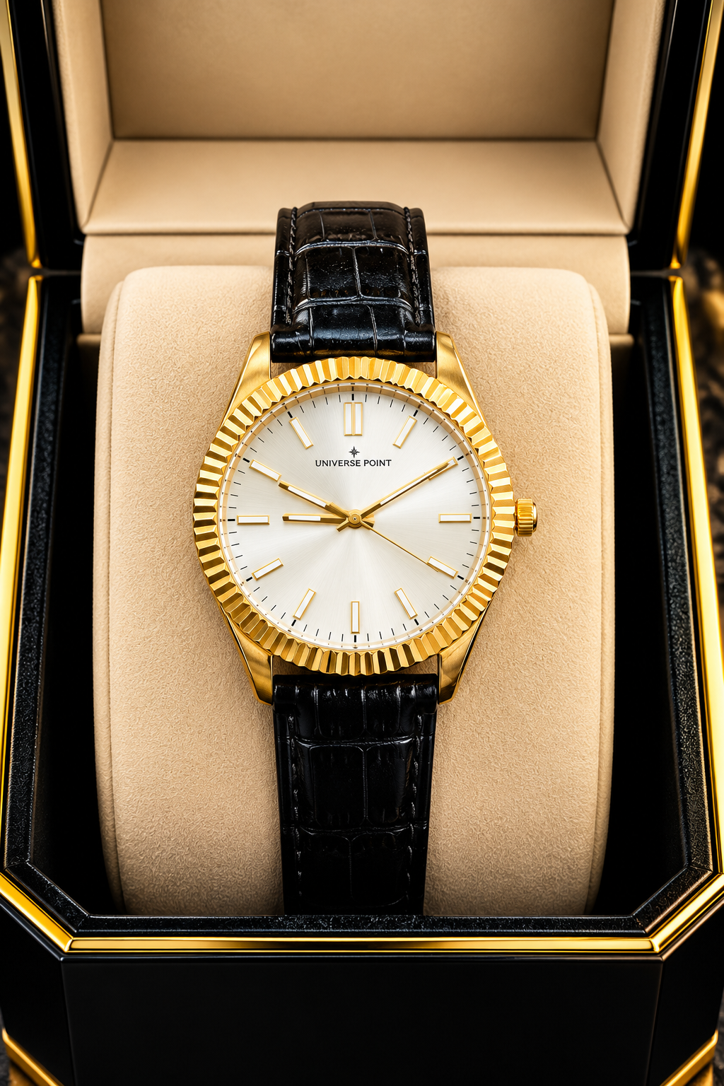 Elegant Men's Quartz Watch - Universe Point Fluted Bezel Leather Strap Timepiece