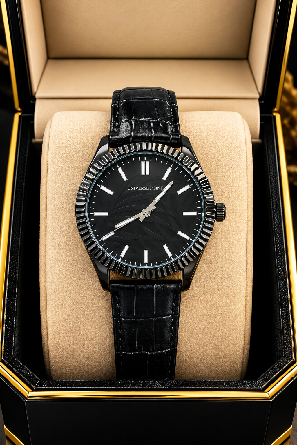 Elegant Men's Quartz Watch - Universe Point Fluted Bezel Leather Strap Timepiece
