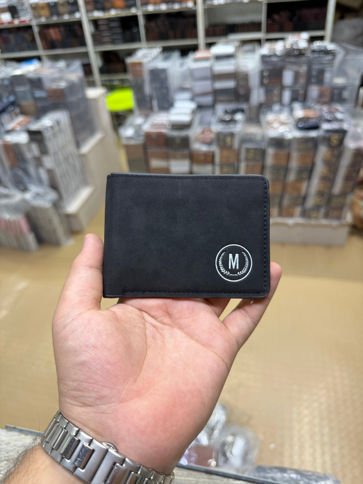 GU-II Vintage Nubuck Bifold Wallet – Grey front view with embossed M logo