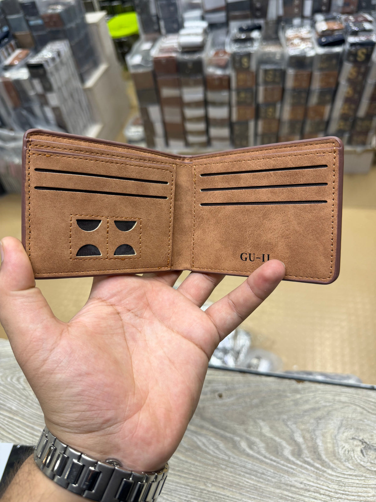 GU-II Vintage Nubuck Bifold Wallet – Tan front view with embossed M logo