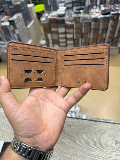 GU-II Vintage Nubuck Bifold Wallet – Tan front view with embossed M logo