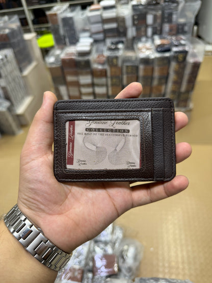 Dark Brown Slim Card Holder front view showing ID window and Genuine Leather Collection branding