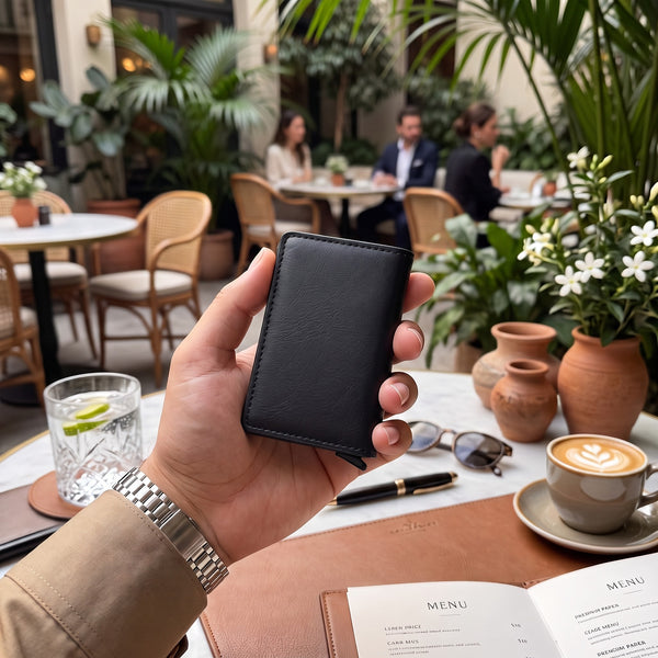 Black Leather RFID Aluminium Pop-Up Bifold Wallet luxury cafe lifestyle shot
