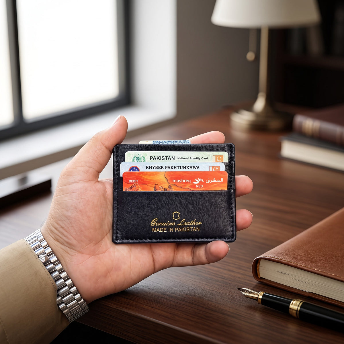 Black Genuine Leather Ultra-Slim Card Holder lifestyle shot at executive desk — Made in Pakistan