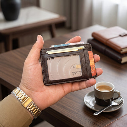 Dark Brown Genuine Leather Slim Card Holder lifestyle shot at cafe with espresso