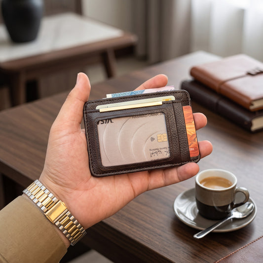 Dark Brown Genuine Leather Slim Card Holder lifestyle shot at cafe with espresso