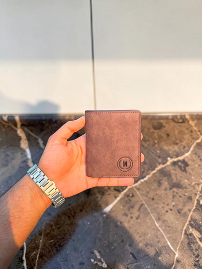 Brown Vintage Bifold Wallet front closed view with embossed M logo badge