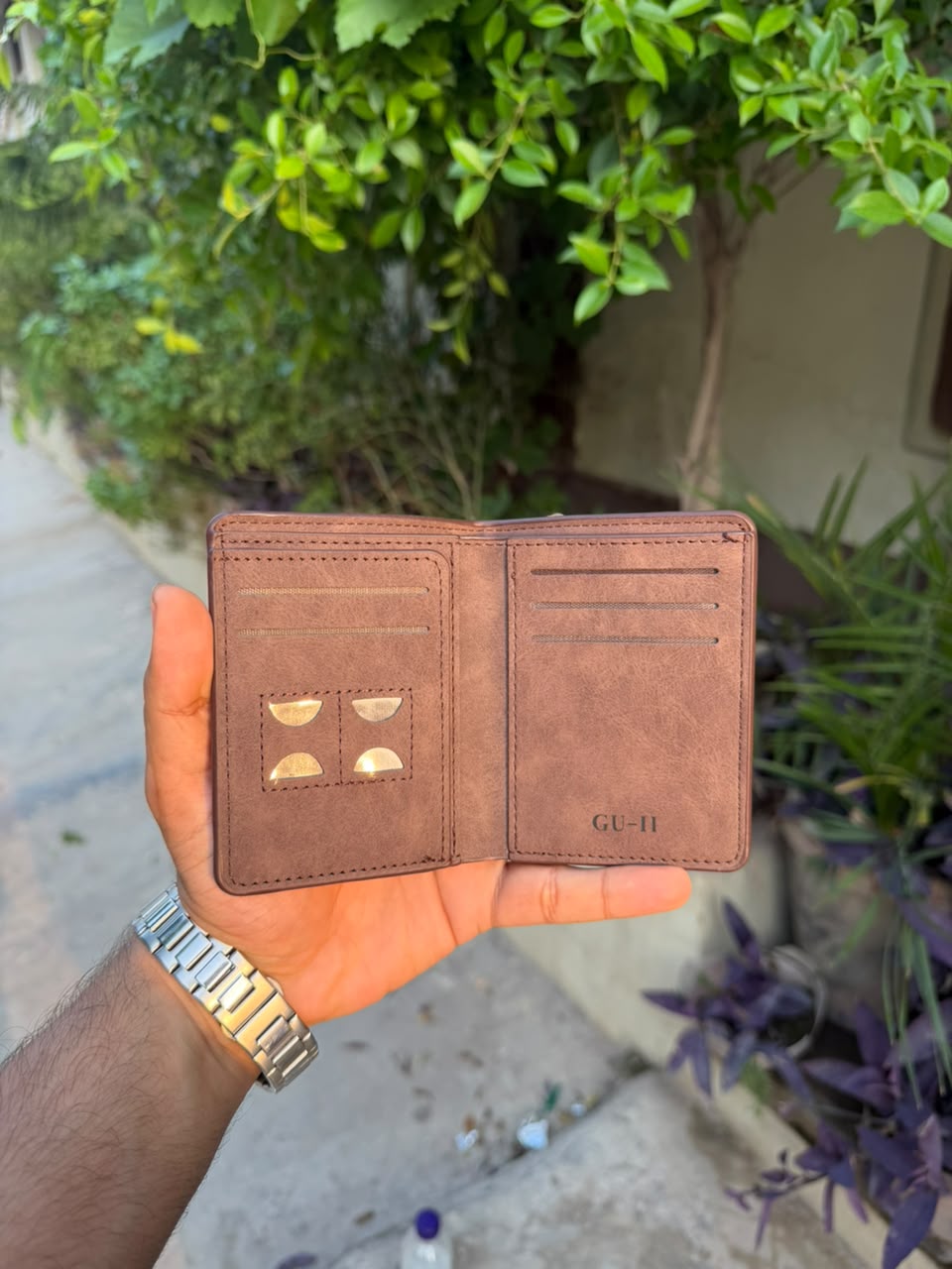 Brown Vintage Bifold Wallet open interior showing ID window and multiple card slots