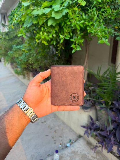 Brown Vintage Bifold Wallet outdoor front view showing distressed nubuck leather
