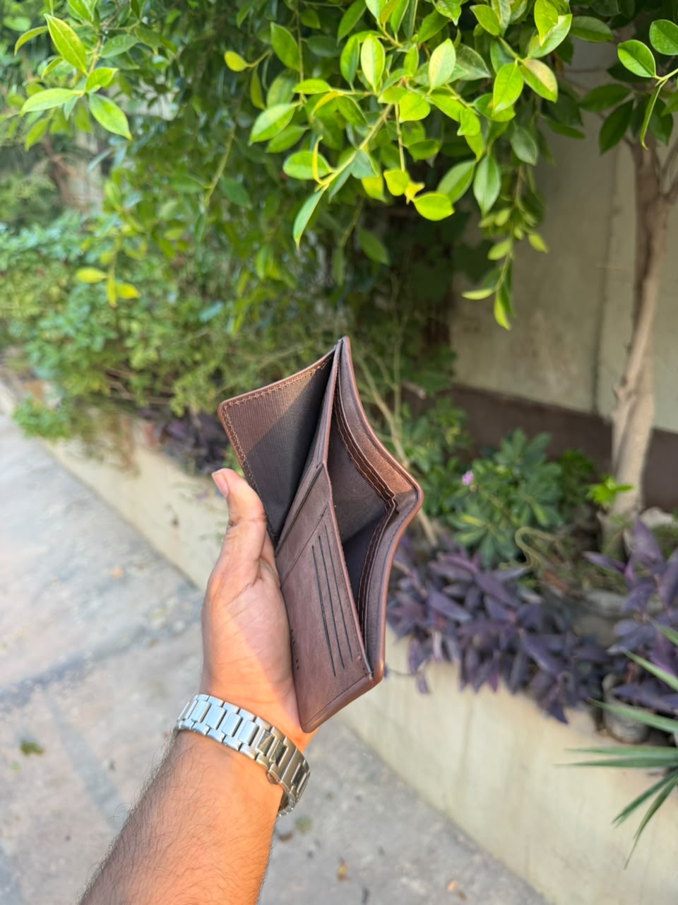 Brown Vintage Bifold Wallet open view showing cash compartment and card slots