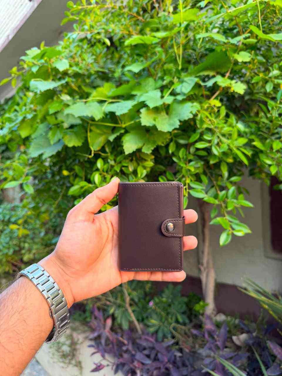 Dark Brown Snap-Button Pop-Up Wallet front closed view with silver snap button