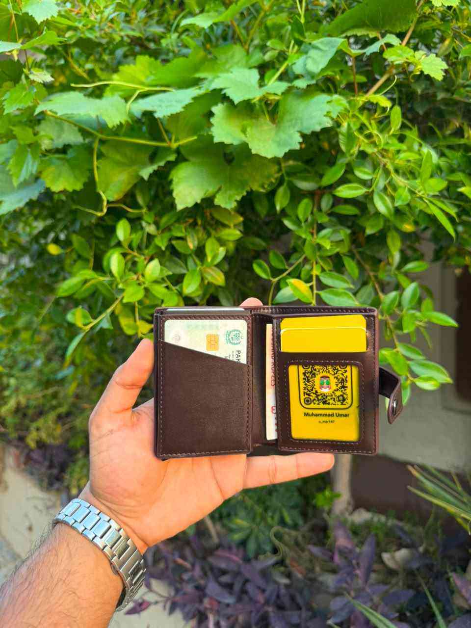 Dark Brown Pop-Up Wallet open showing ID window, passport slot, and cash compartment