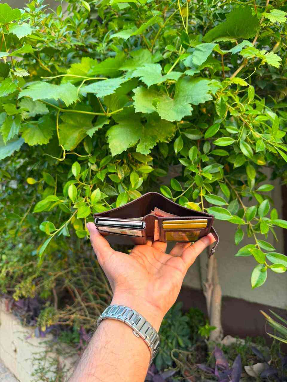 Dark Brown Pop-Up Wallet open interior showing aluminium card ejector and card slots