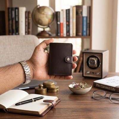 Dark Brown Leather Pop-Up Card Wallet executive lifestyle shot at study desk