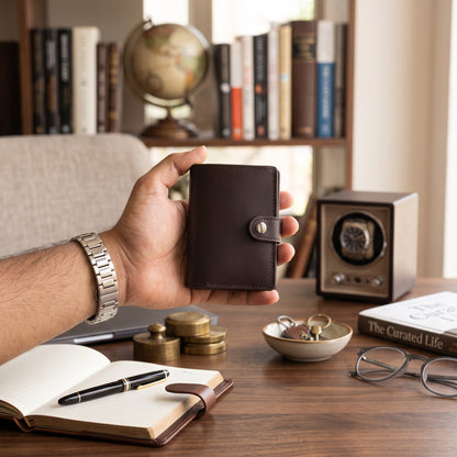 Dark Brown Leather Pop-Up Card Wallet executive lifestyle shot at study desk