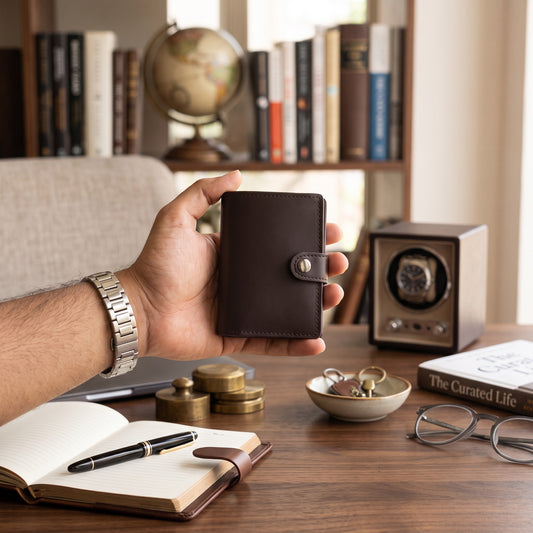 Dark Brown Leather Pop-Up Card Wallet executive lifestyle shot at study desk