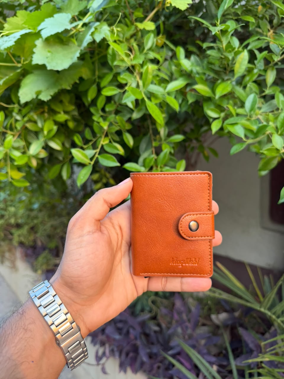 Tan Leather Pop-Up Card Holder Wallet open view showing card slots and cash compartment