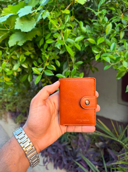Tan Leather Pop-Up Card Holder Wallet open view showing card slots and cash compartment