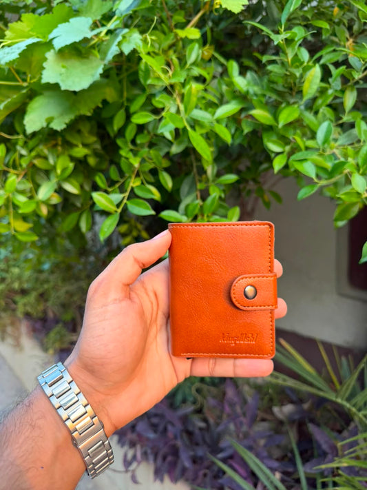 Tan Leather Pop-Up Card Holder Wallet open view showing card slots and cash compartment