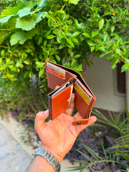 Tan Leather Pop-Up Card Holder Wallet with cards fanned out from pop-up mechanism