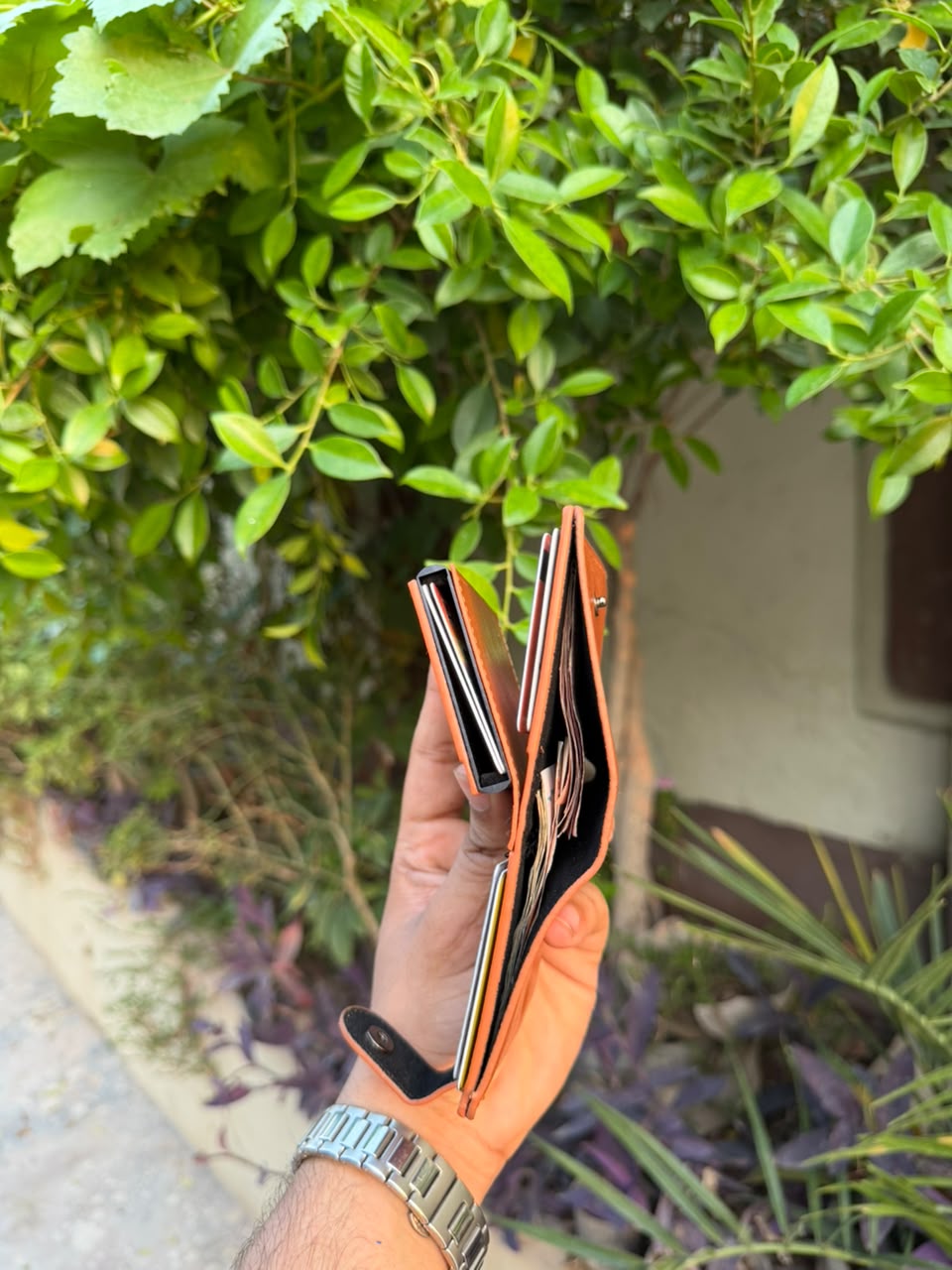 Tan Leather Pop-Up Card Holder Wallet closed front view with snap button