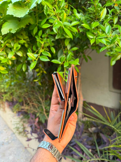 Tan Leather Pop-Up Card Holder Wallet closed front view with snap button