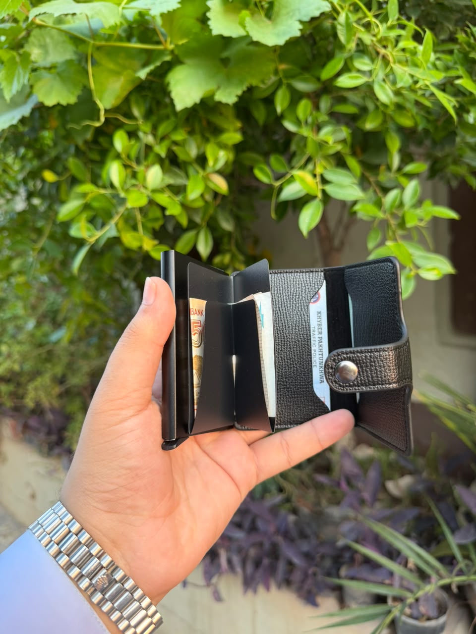 Black Pop-Up Card Wallet fully open showing aluminium ejector, cash compartment, ID slot and coin pocket