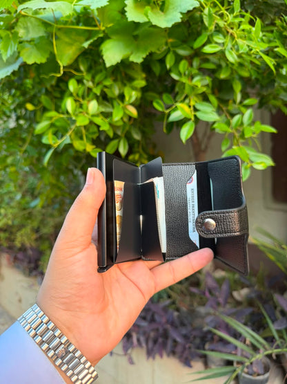 Black Pop-Up Card Wallet fully open showing aluminium ejector, cash compartment, ID slot and coin pocket