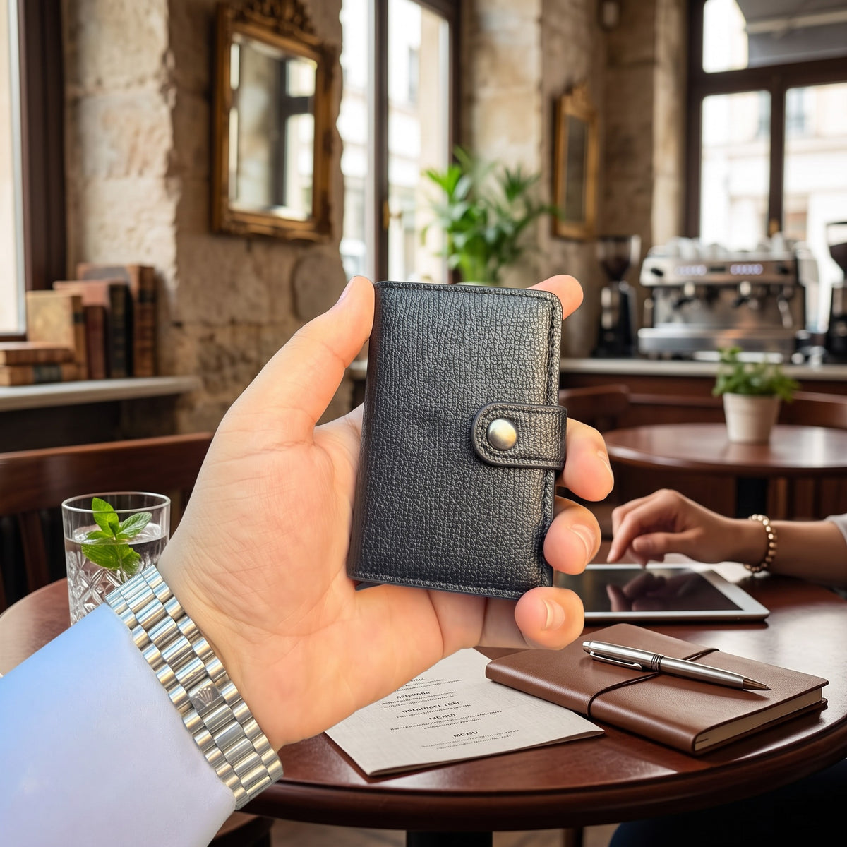 Black Pebbled Leather RFID Pop-Up Card Wallet lifestyle shot at cafe