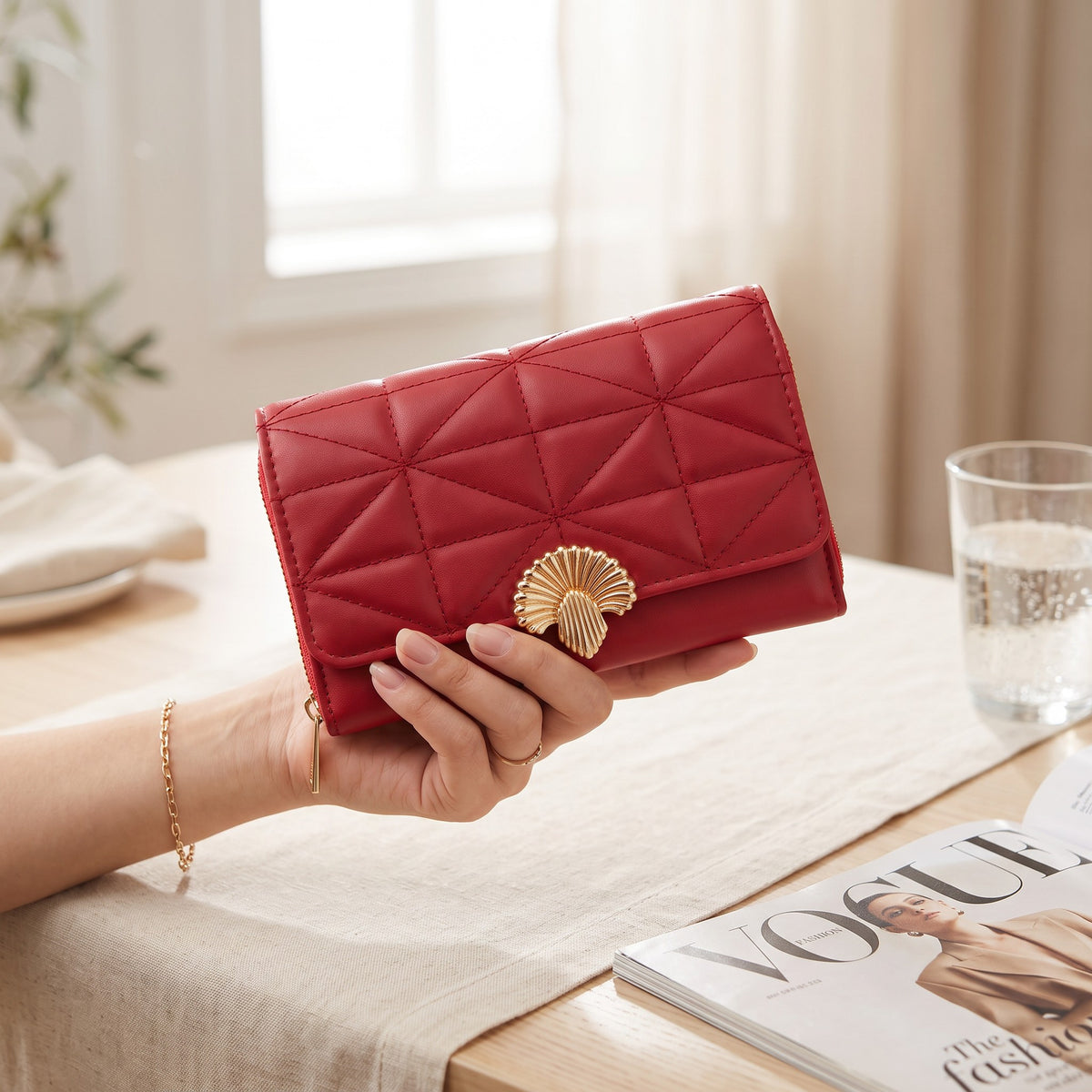 Quilted Shell-Clasp Wallet interior compartments open view