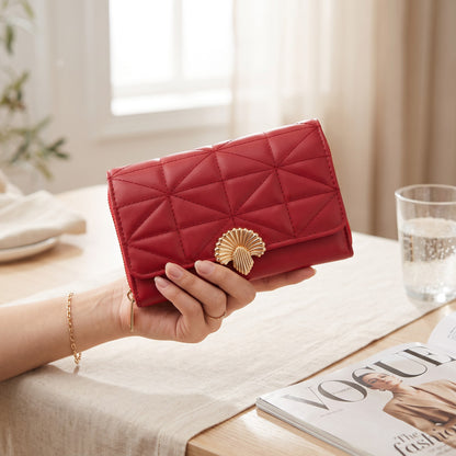 Quilted Shell-Clasp Wallet interior compartments open view