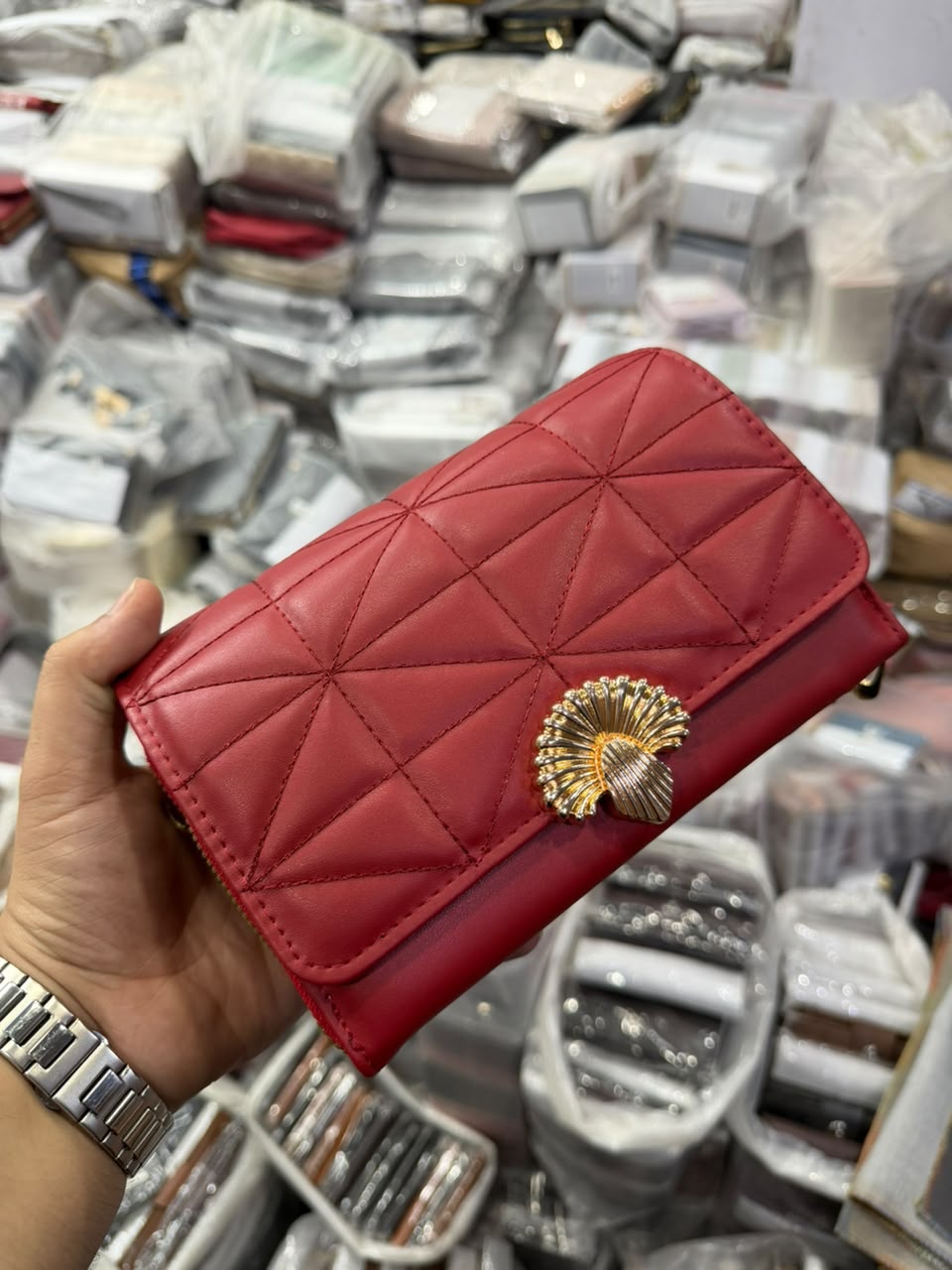 Quilted Shell-Clasp Wallet detachable straps — fabric and chain