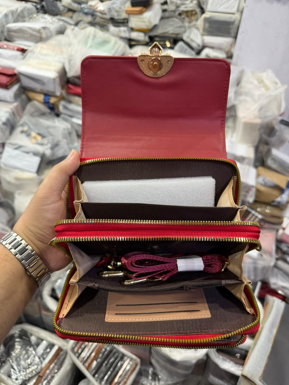 Quilted Shell-Clasp Crossbody Wallet red lifestyle shot